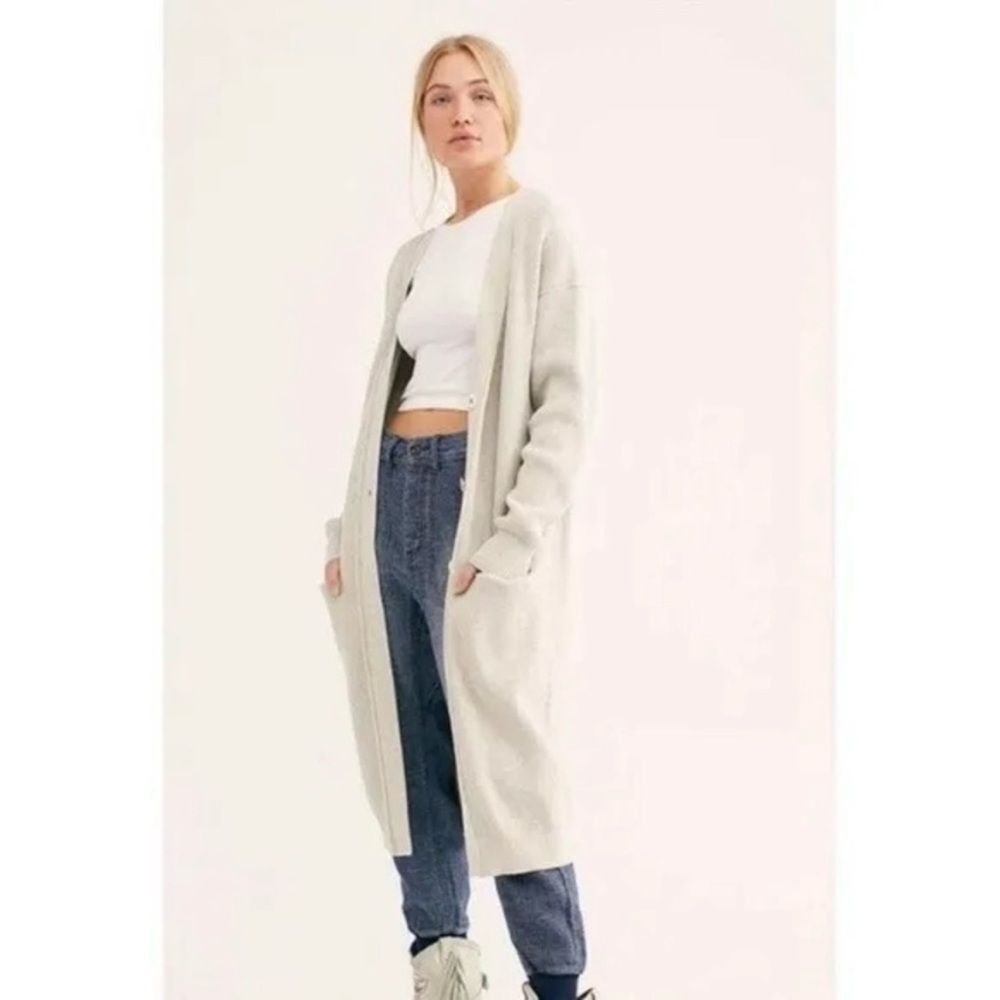 Free People Light Grey Ribbed Duster Cardigan Size Medium